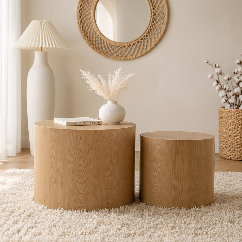 Ensemble de 2 tables basses gigognes, tables rondes en bois pour petits espaces, meubles d'appoint modernes et durables