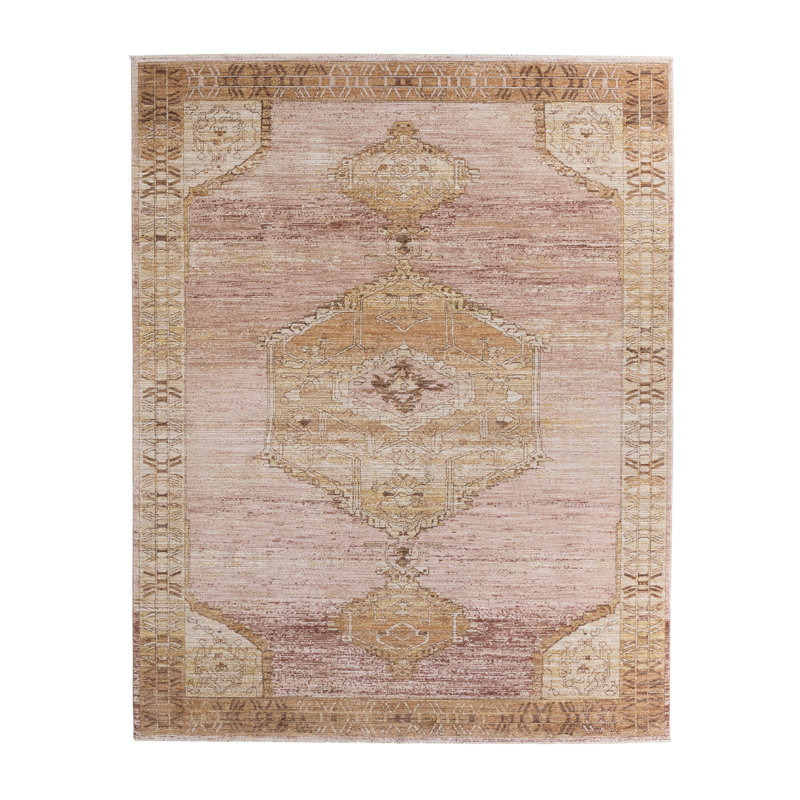 Tapis rose / jaune à médaillon Label J Lyrian STN06 (6 pi x 9 pi), Rectangle 9 pi x 6 pi