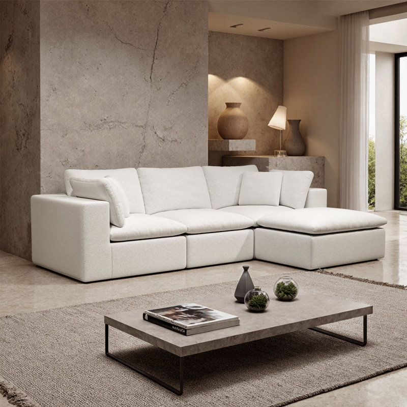 108.3" Beige Large Modular Sectional Sofa,Convertible 3-Seater Floor Couch,No Assembly Required ,Plush Chenille Fabric With Pillows,Modern Minimalist 