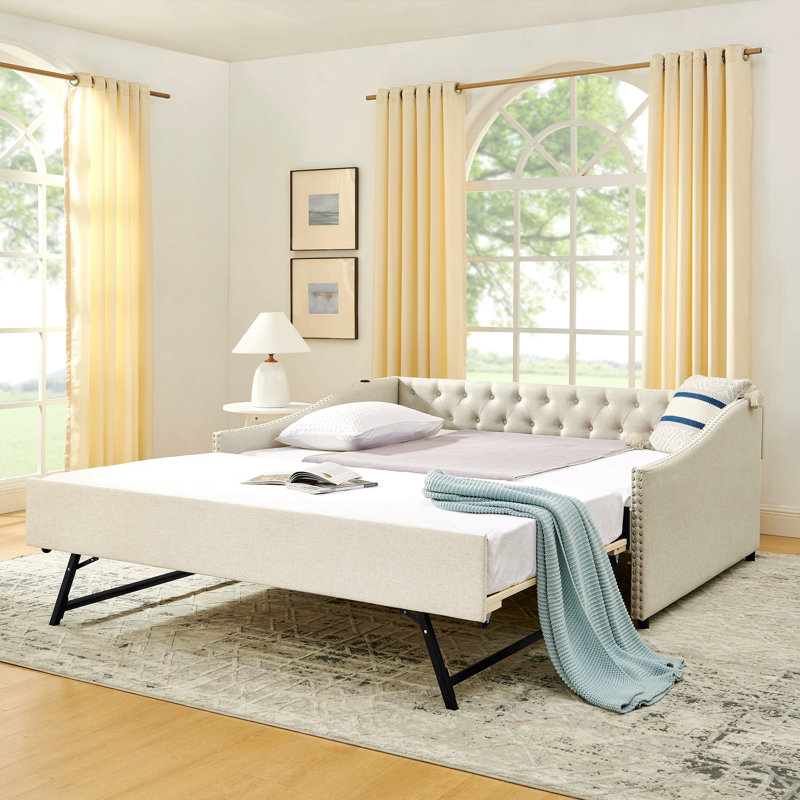 Lit de jour double avec charge USB et lit escamotable extensible de taille simple, avec bouton sur le dos et clou en cuivre sur les accoudoirs ondulés