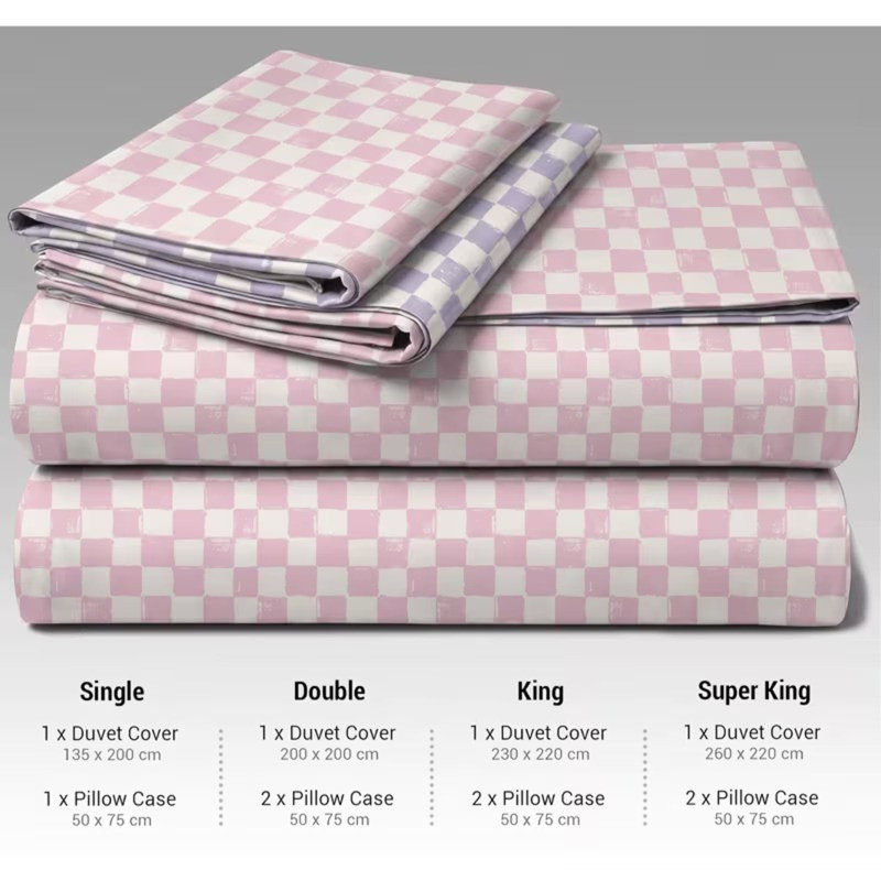 Checkerboard Duvet Cover Set Pink Lilac Bedding Set with Pillowcases, Double Duvet Cover + 2 Standard Pillowcases