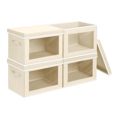 4 Pack Storage Bins With Lids – Fabric Closet Organizer, Window Panel, Collapsible, Beige, Clothes