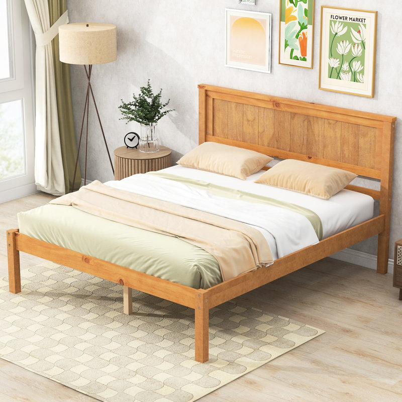 Lit plateforme double en chêne avec tête de lit et support stable - lattes de bois, aucun sommier requis, couleur du cadre