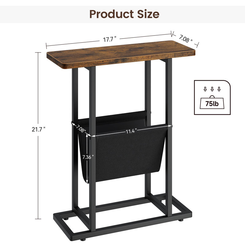 Side Table For Small Spaces, Slim Bedside Table With Storage Holder, Brown