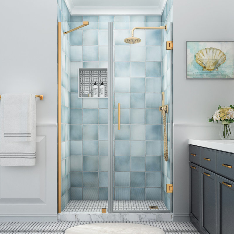 Belmore XL 52.25 - 53.25 in. W x 80 in. H Frameless Hinged Shower Door with StarCast Glass, Brushed Gold, Clear Glass