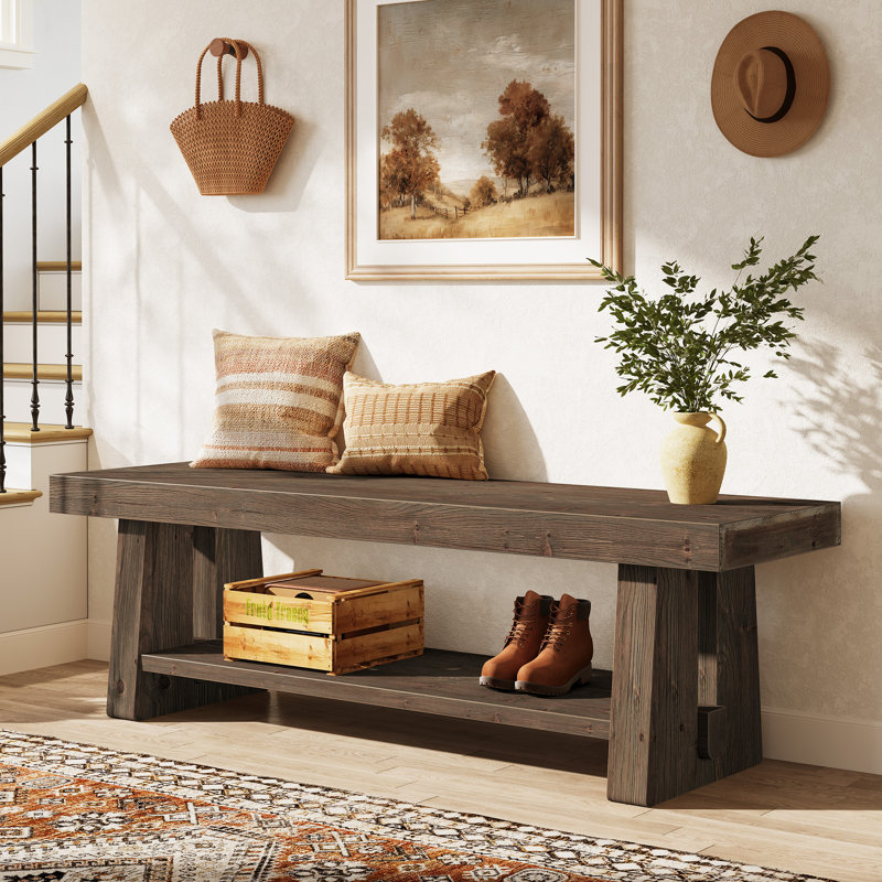 63'' Solid Wood Entryway Bench With 2-tier Open Shelves