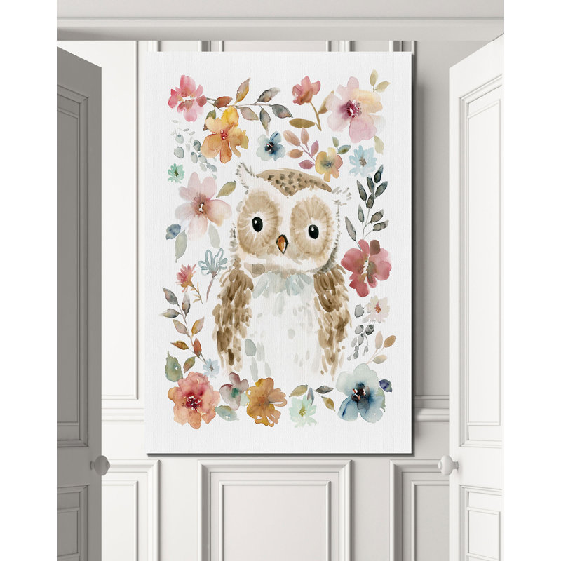 " Flowers And Friends Owl ", 18" H x 12" W x 1.5" D, Wrapped Canvas