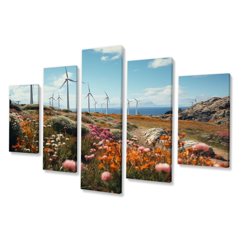 Wind Turbines Floral Field I - Plants, reproduction d'art murale - 5 panneaux