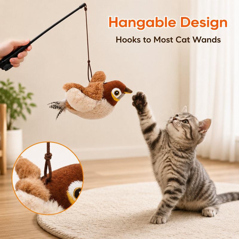 Jouet pour chat à ailes battantes - moineau rechargeable interactif avec sons de gazouillis, activé par le mouvement, 3 modes, pochette en peluche, peluche lavable pour chats d'intérieur (9,5 pouces)