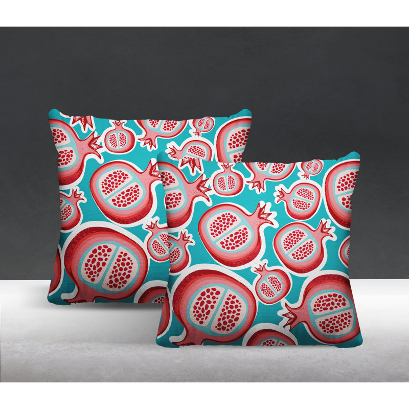 Oreiller carré intérieur / extérieur Pomme Pomegranate, L 17 po x H 17 po, Turquoise / Rouge