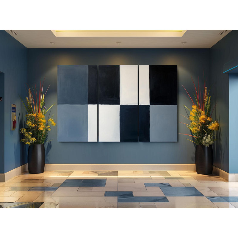 Art mural sur toile Triptych - Triptyque abstrait noir et gris moderne, H 30 po x l 60 po