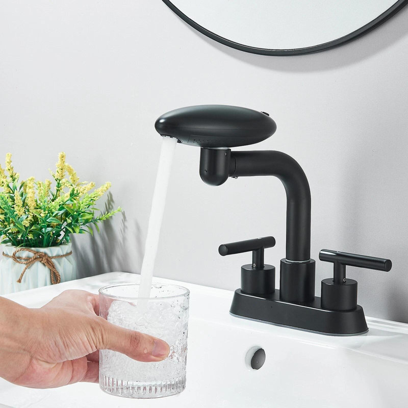 Robinet de lavabo de salle de bain, ensemble central 4 pouces 4 modes 2 poignées avec bec pivotant à 360 °, avec robinet de salle de bain 4 pouces