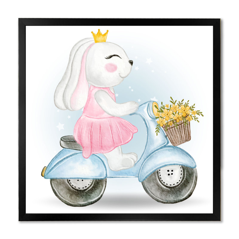 Caricature de lapin mignon chevauchant un scooter - reproduction d'art sur toile, H 36 po x l 36 po x P 1,5 po, Cadre noir