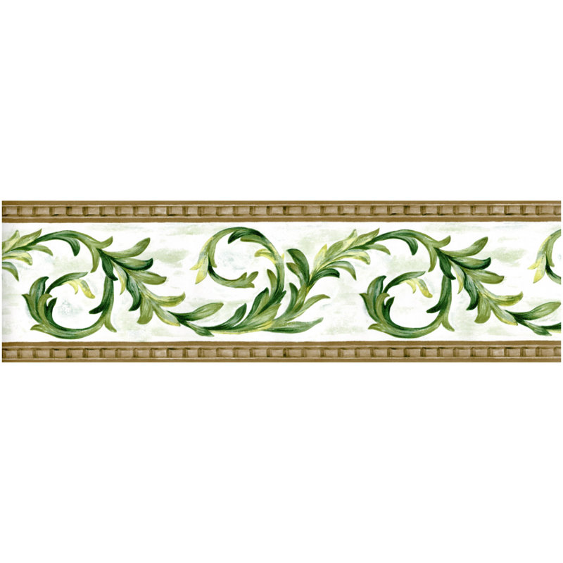 Laurel Leaf Scroll Wallpaper Border - Green, Brown, White - 15' L x 5" W