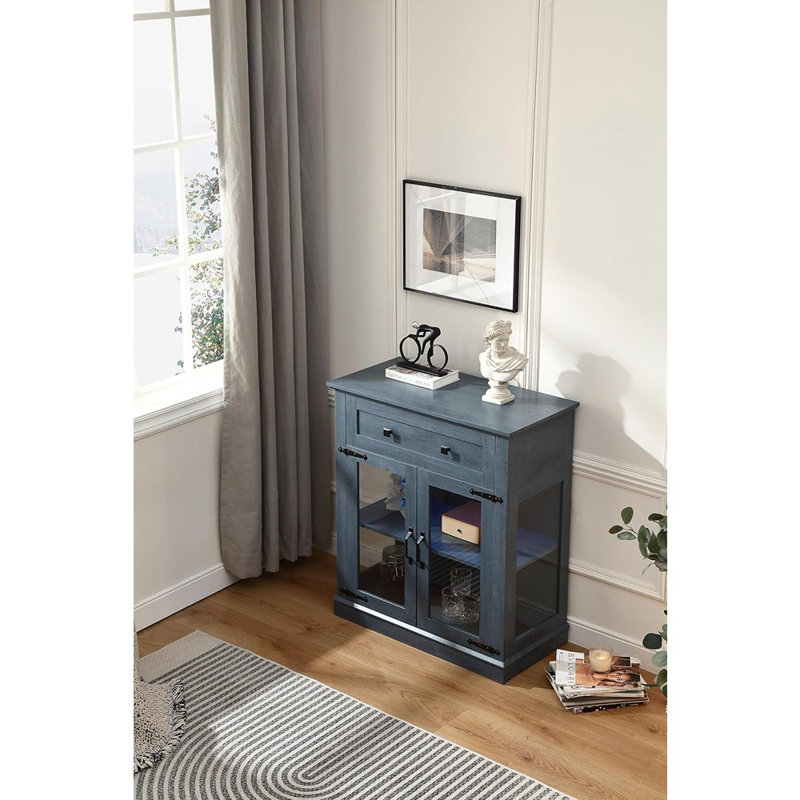 Petite armoire buffet avec tiroir, portes en verre et éclairage DEL, bleu