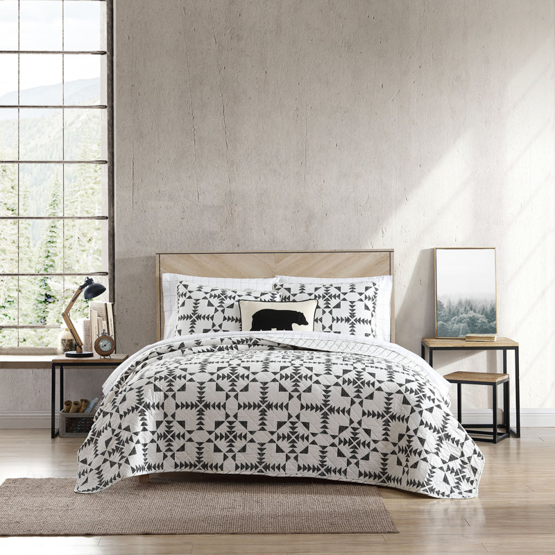 Ivory and Charcoal Cotton Twin Reversible Quilt Set