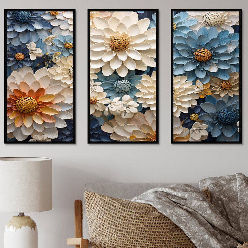 Ensemble de décorations murales Zinnias Collage I - Zinnias, Cadre flottant noir, H 32 po x l 48 po x P 1 po