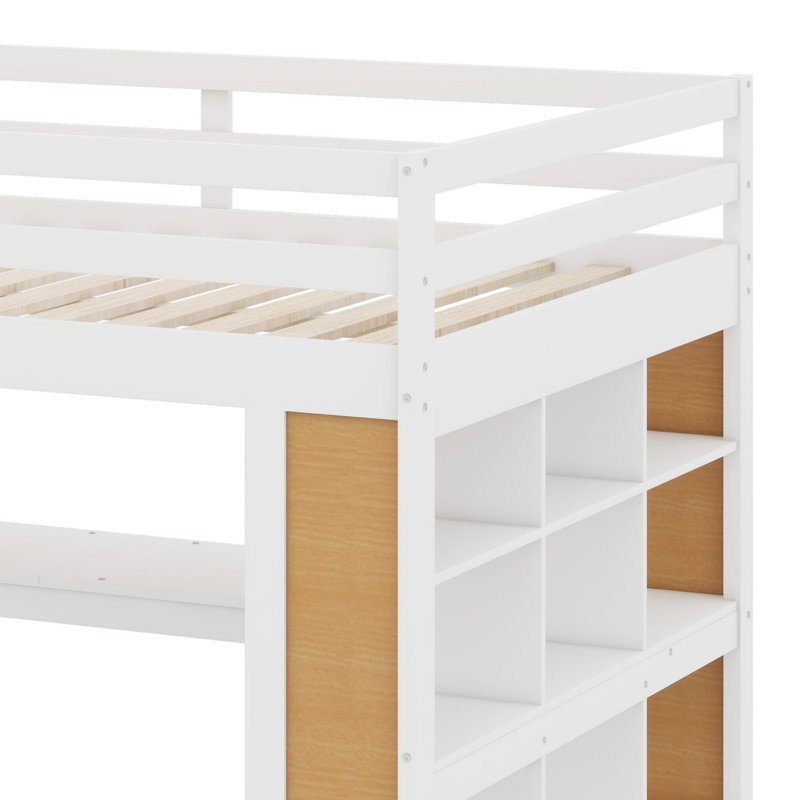 Loft Bed With Desk And Shelves,Drawers, Storage Staircase, Natural/White