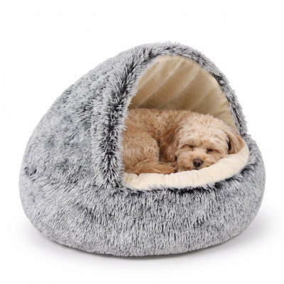 Hooded Cat Cave Bed, Soft Round Donut Cat Bed with Canopy, Detachable Washable Short Pile Plush Cushion, Anti-Slip Indoor Pet Nest for Cats, Gradient Gray 23.6"