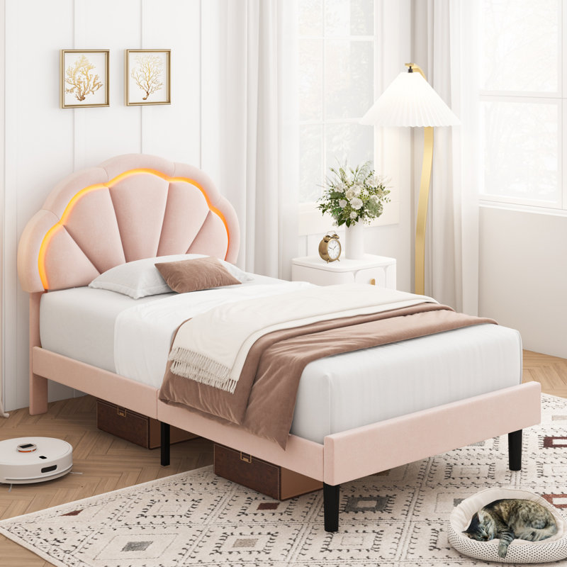 Lit plateforme tapissier Aisaiah, Simple, Rose