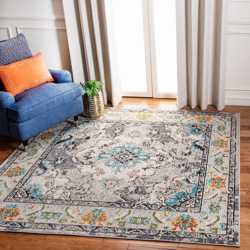 Almyra Oriental Area Rug, Square 3', Light Blue/Fuchsia