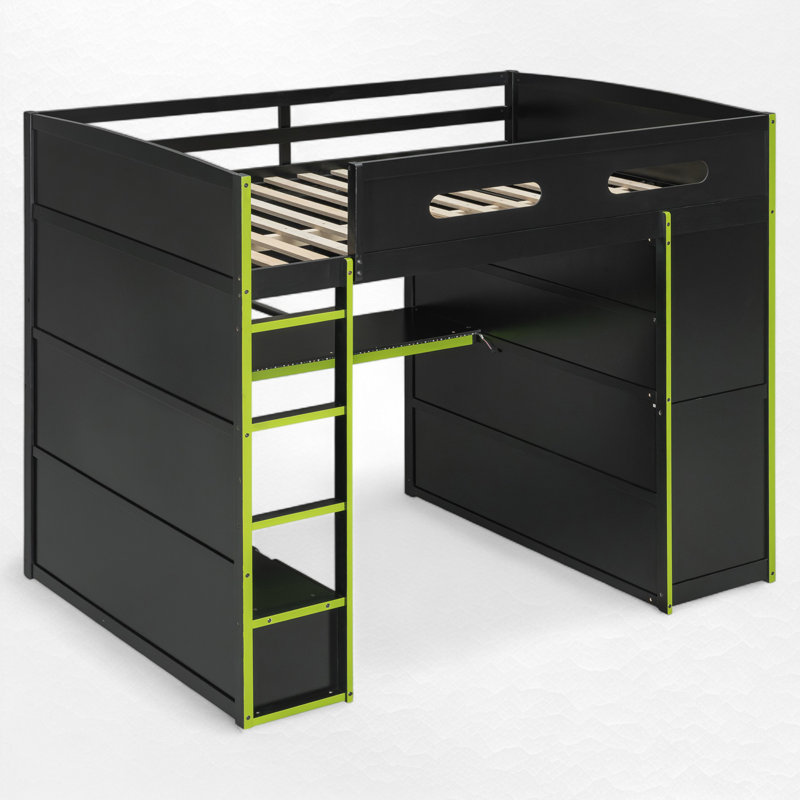 Full Size Loft Bed With Built-In Desk And Storage, Black/Green