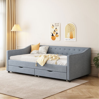 Lit de jour simple avec tiroirs, canapé-lit capitonné, avec boutons sur le dos et passepoil sur les accoudoirs ondulés