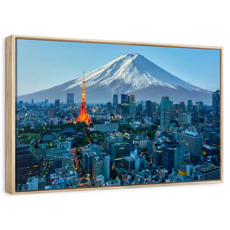 Mont Fuji, paysage urbain de Tokyo, Cadre flottant en bois naturel, 31 po x 21 po