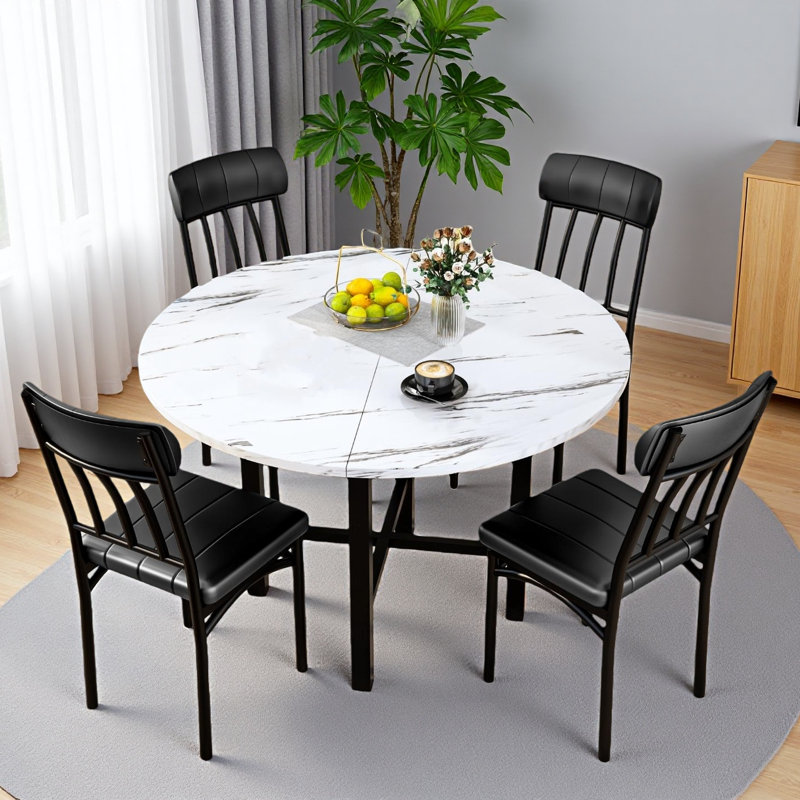 Round Dining Table For 4-6, Wood Circle Kitchen Table And Chairs Set For 4, Kitchen Table Made Of MDF And Metal Frame, Modern Dining Room Table With 4 Faux Leather Chairs,Round Dinner Table For Small Space