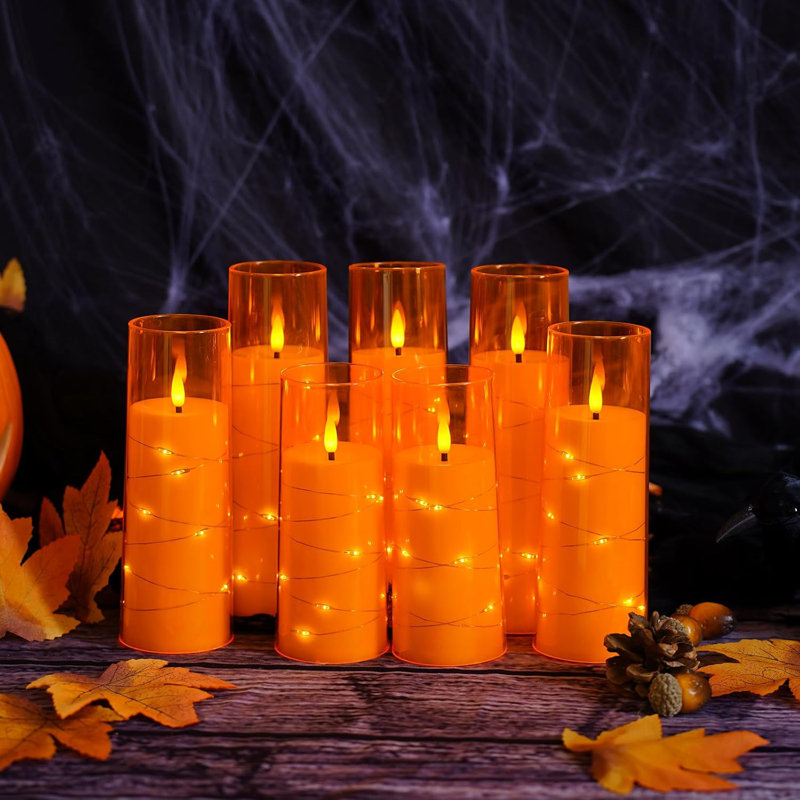 Orange LED Flameless Pillar Candles with Timer and Remote, Set of 7