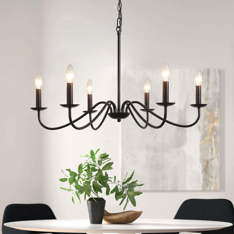 Ercel 6-Light Dimmable Classic Candle Style Rustic Linear Farmhouse Chandelier for Kitchen Island , Black