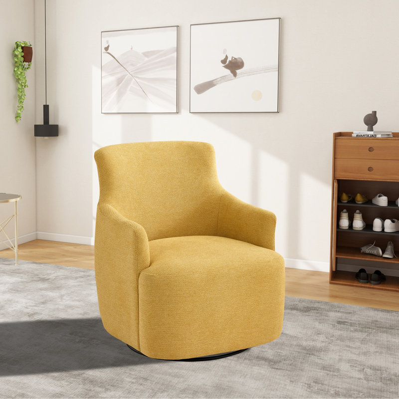 Small Swivel Chair, Boucle Upholstered Fabric Barrel Chair, Yellow Chenille