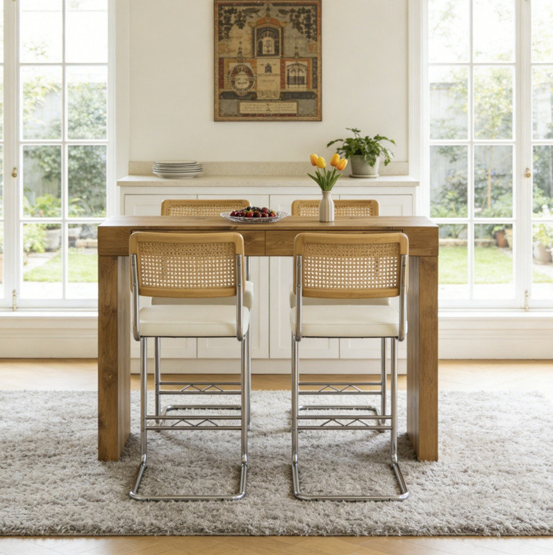 Ensemble de 4 pièces de chaise de bar en cuir de polyuréthane, jumelé à une table de bar à grain de bois, avec fonction de rangement, convient aux restaurants et aux cafés