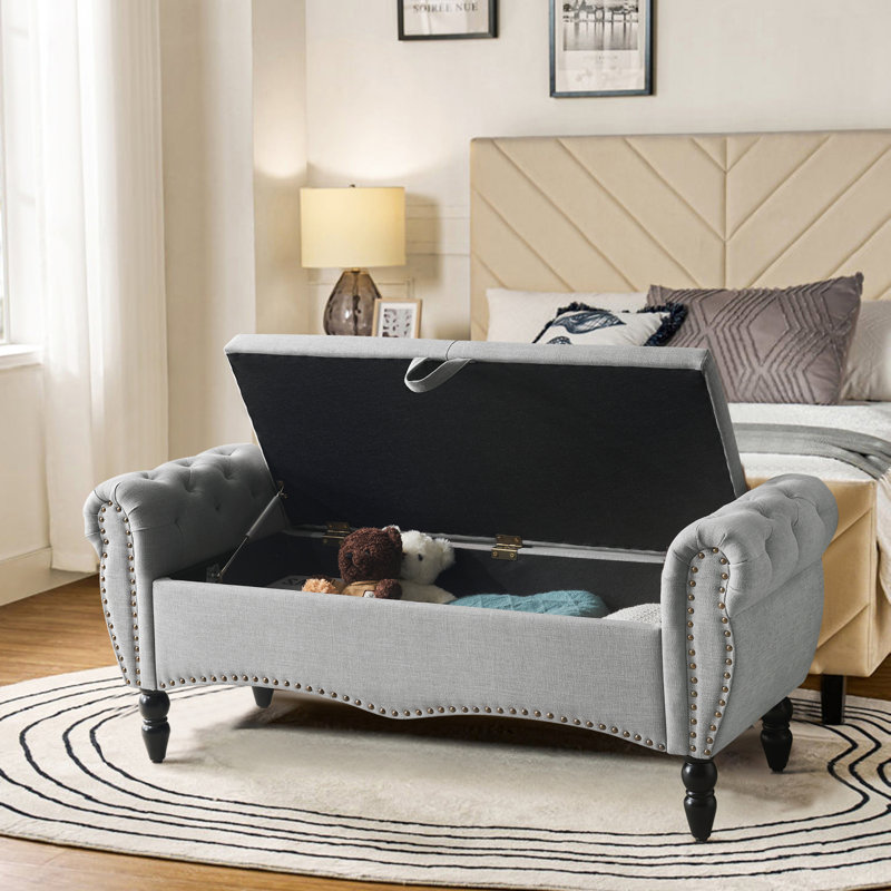 Button Tufted Storage Bedroom Bench, Gray