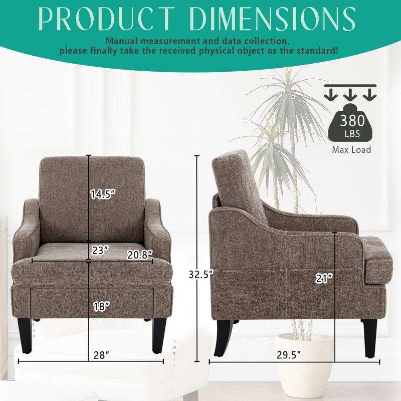 Modern Accent Chair For Bedroom Upholstered Reading Chair With Side Pockets Comfy Living Room Chairs Living Room Armchair For Office, Apartment ( Chenille)