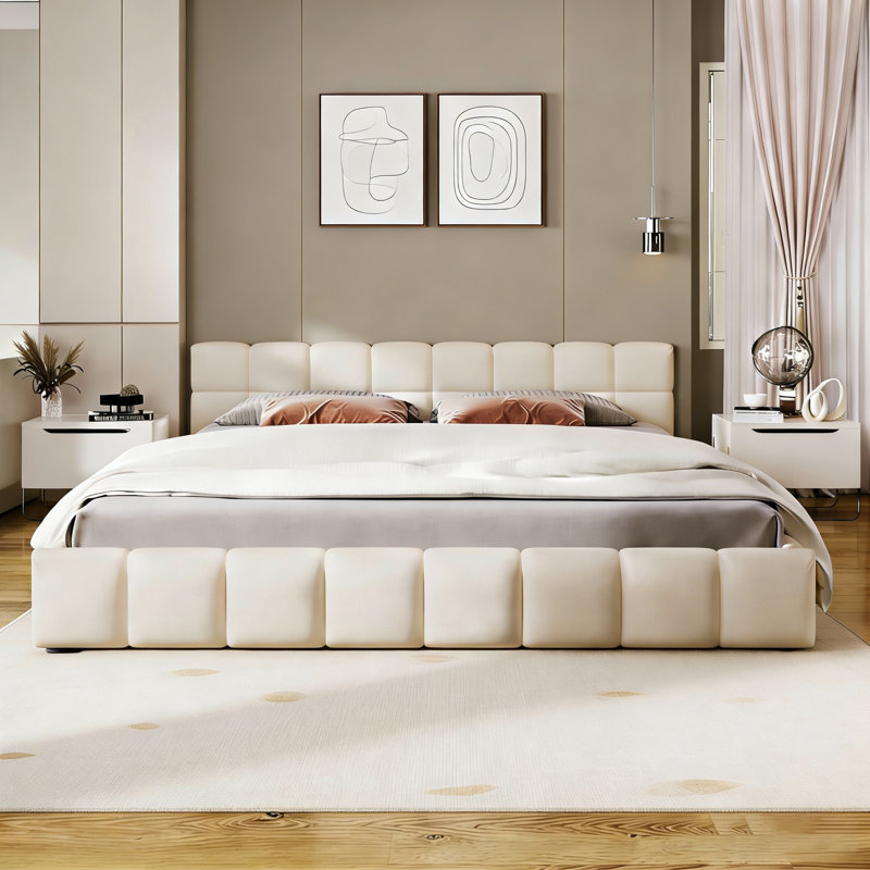 Lit tapissier en chenille beige élégant avec motif damier, Beige, Très grand lit