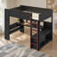 Lit mezzanine simple en bois avec bureau, tablettes multiples, DEL et station de charge, noir et rouge-92602021