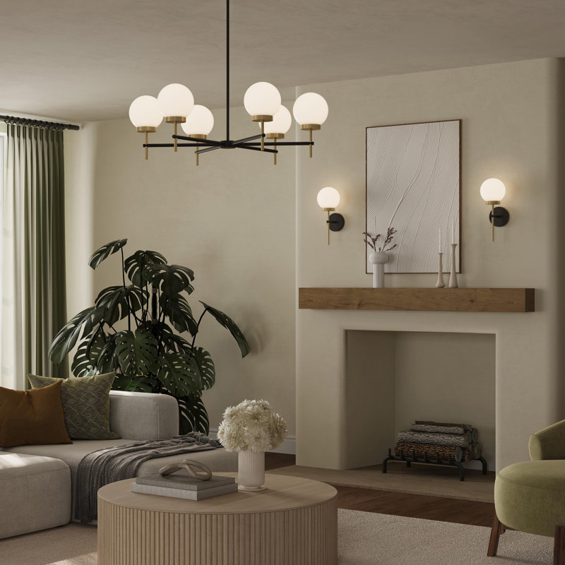 Lustre moyen à 6 lumières noir mat avec détails dorés Rigsby, Noir mat avec or brossé