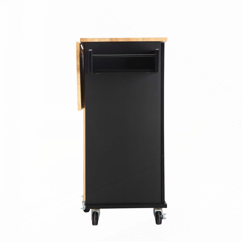 Kitehcn Island with Extensible Rubber Wood Table Top,adjustable Shelf Inside Cabinet for Different Utensils, Black