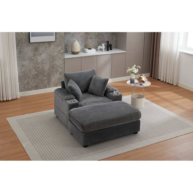 Canapé rembourré avec méridienne et rangement avec main courante et repose-pieds mobile, Gris