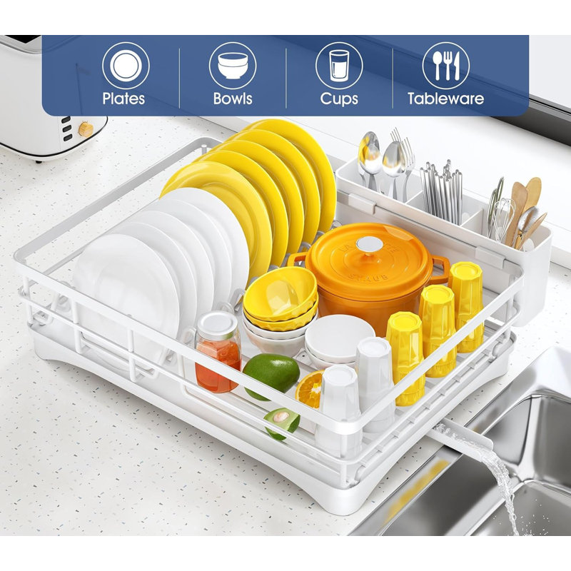 Rustproof Kitchen Dish Drying Rack with Drainboard, White