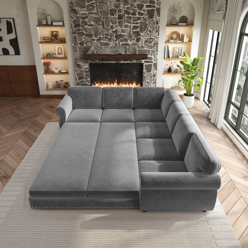 118" L-Shaped Sofa Couch With Pull-Out Bed,Oversize Convertible Sleeper Sofa, Light Grey, Light Gray