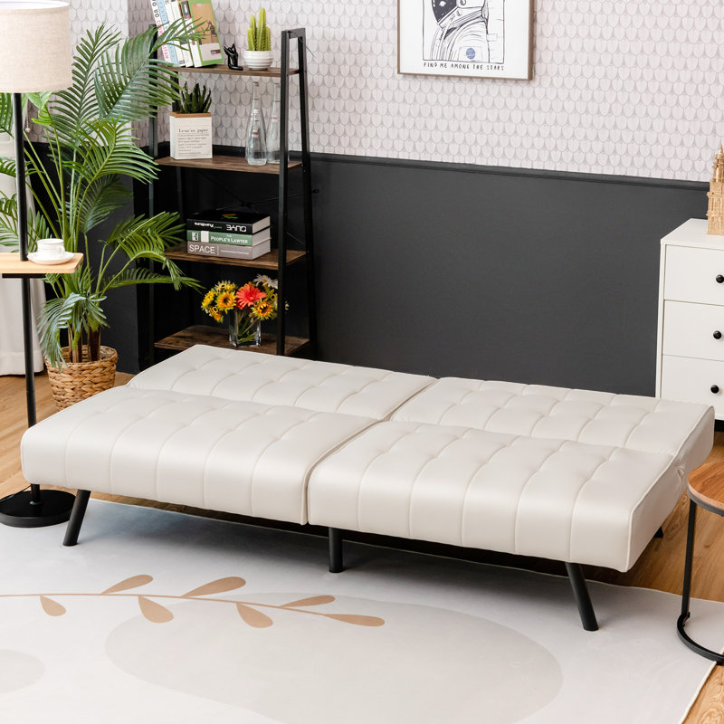 Camisha Twin 70'' Faux Leather Convertible Sofa, White Faux Leather
