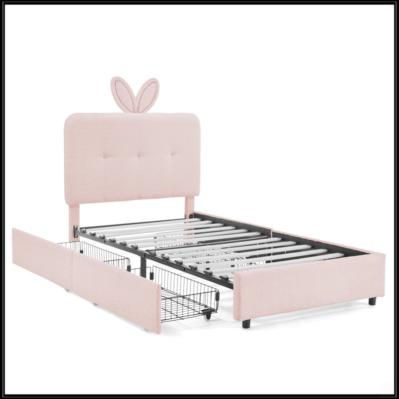 Lit simple tapissier pour enfants avec tête de lit surdimensionnée, lumière DEL et 4 tiroirs de rangement, tissu bouclé, Twin
