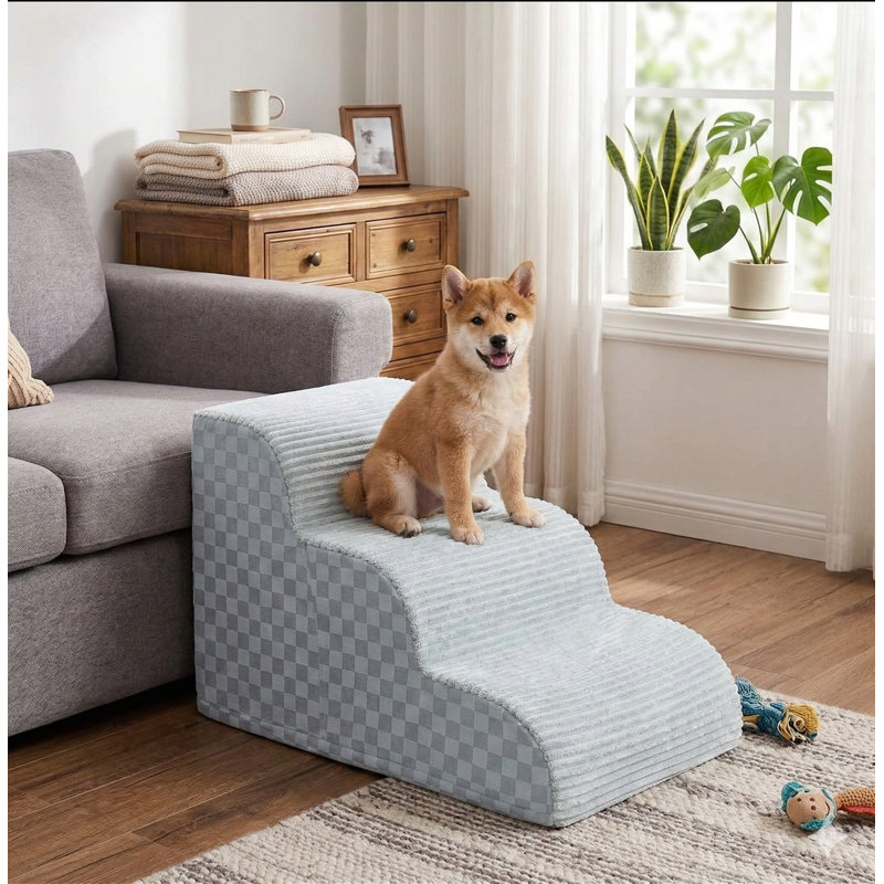 Three-Step Foam Ramp for Small Dogs, 15.7 Inches High for Couch Access, Durable Construction with Non-Slip Base, Suitable for Puppies, Grey Finish