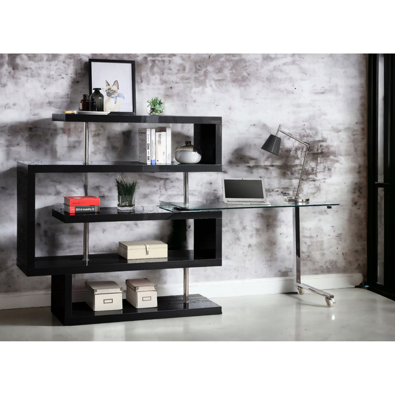 Bureau contemporain pivotant à 360°, élégant, en verre trempé et bois composite.