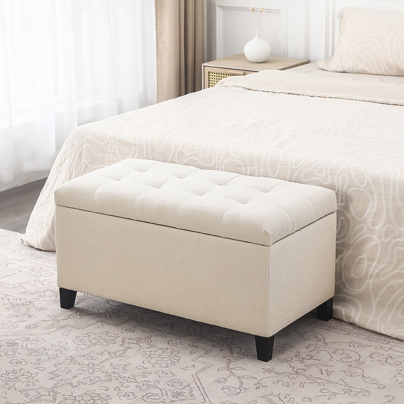 33 Inches Upholstered Storage Ottoman Bench, Beige