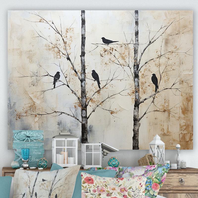 Minimalisme, oiseaux monochromes sur branche III sur toile, Toile tendue, H 34 po x l 44 po x P 1,5 po