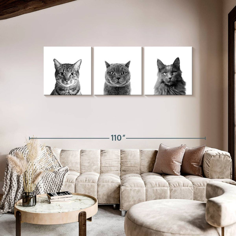 Trois chats, reproduction sur toile, H 30 po x l 92 po x P 1,25 po