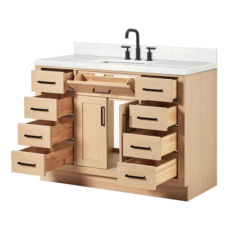 Tidworth 48'' Solid Wood Single Bathroom Vanity with 1.5'' Carrara Quartz Top Sink, Rectangular, Natural Oak